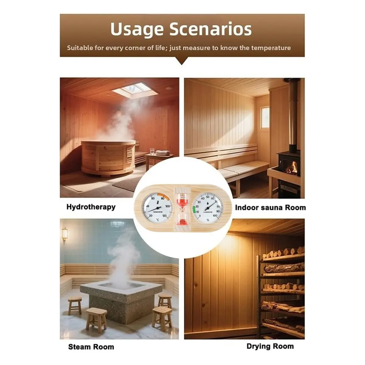 Sauna Thermometer Hygrometer with 15-Minute Sand Timer, Pine Wood Frame and Glass Lens for Accurate Heat and Humidity