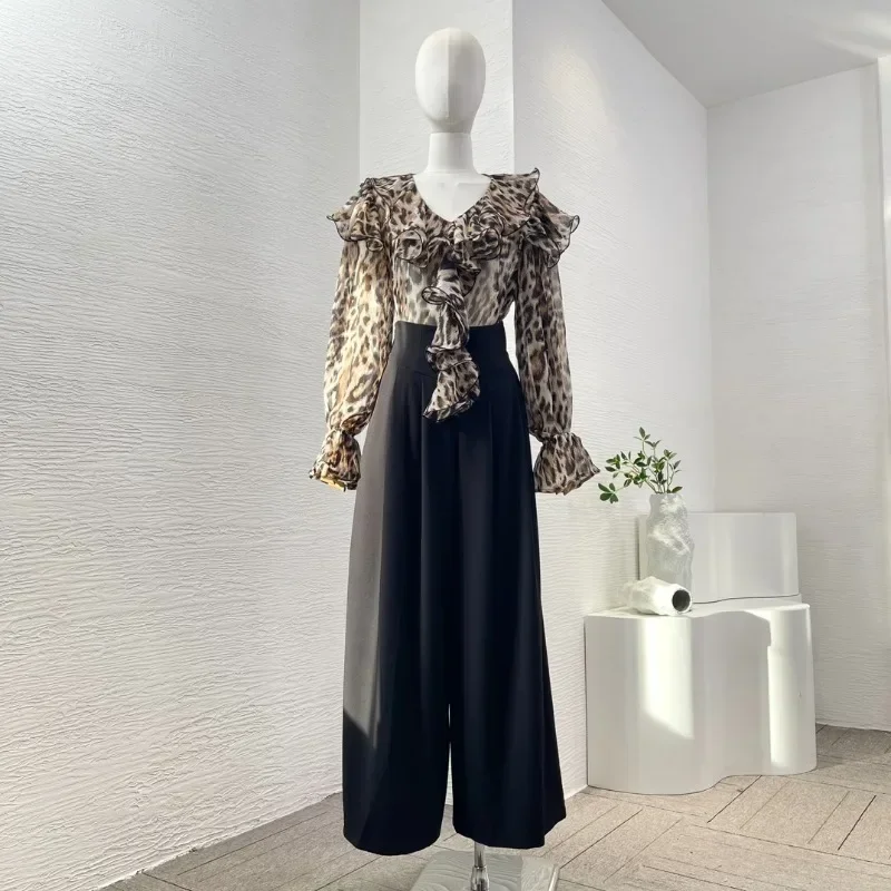 

Women's Coffee Color Ruffles Leopard Print Long Sleeve V Neck Blouse Tops and Black Wide Leg Pants Set for 2024 High Quality