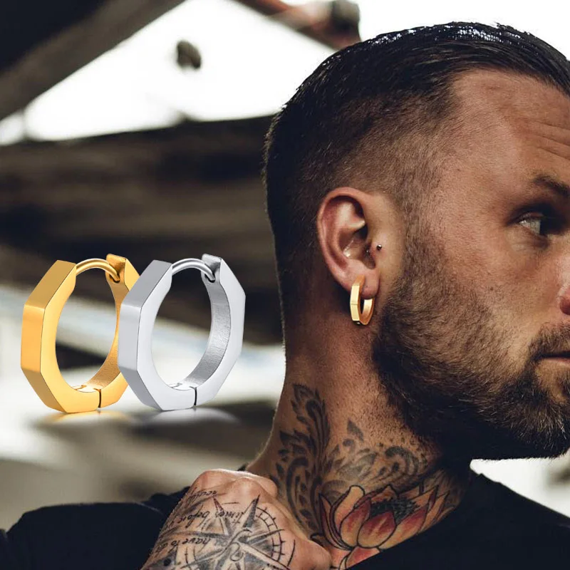 Pendientes de aro octagonales geométricos para hombres, aros hexagonales, aros de panal de acero inoxidable, pendientes minimalistas, joyería para hombres