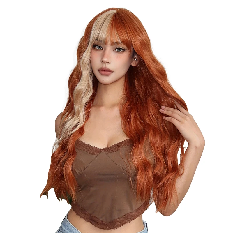 

The 28-Inch Mixed-Color Water Ripple Synthetic Wig With Bangs Is Suitable For Women'S Daily Parties And Halloween Cosplay