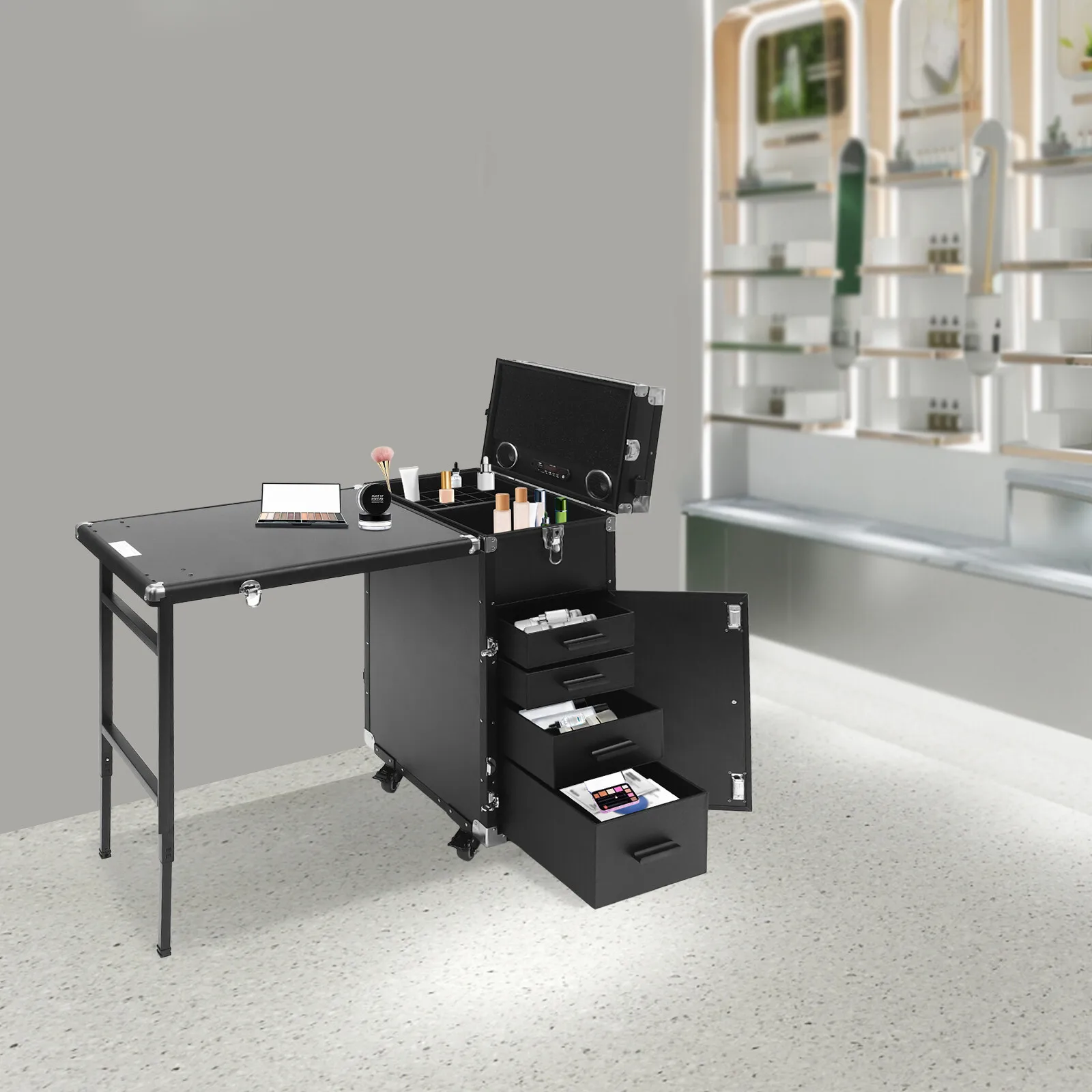 Czarny wózek kosmetyczny z Bluetooth, 2 wbudowanymi głośnikami, wieloma przegródkami do przechowywania, składanym stołem + 4 szuflady, długość 180 cm, zasilany.