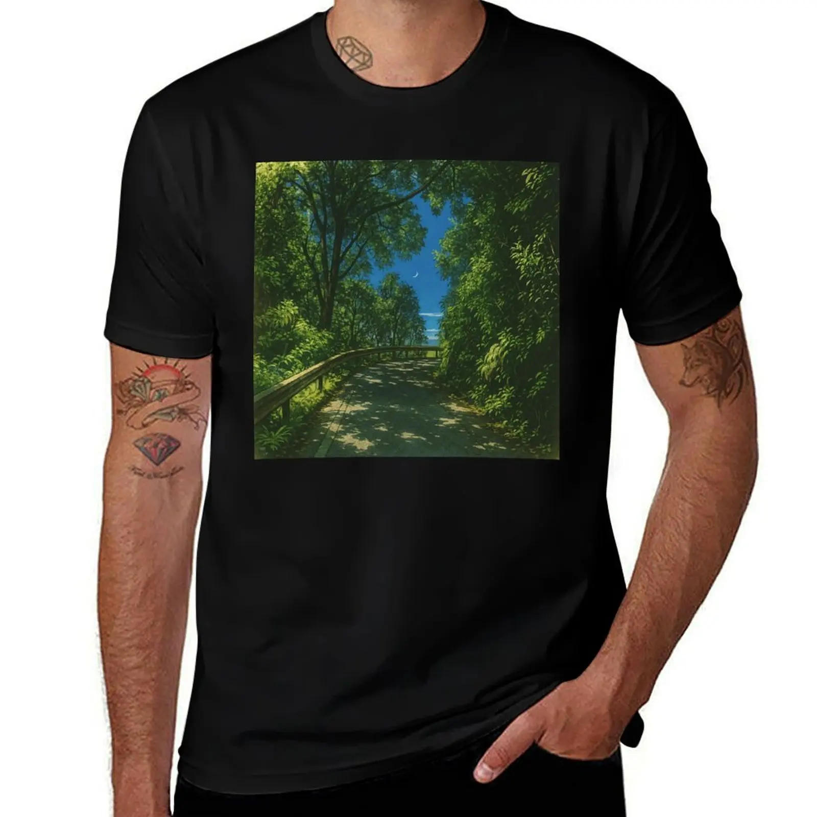 

Daytime Moon and Forest Path Tranquility in Nature - A Peaceful Moment T-Shirt summer clothes blue lock mens white t shirts