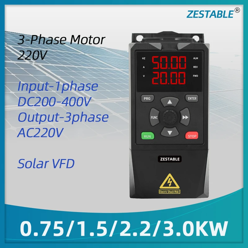 Solar VFD Inverter DC200-400V Input  0.75/1.5/2.2/3.0KW Variable Frequency Drive Converter for 3Phase 220V Motor Speed Control