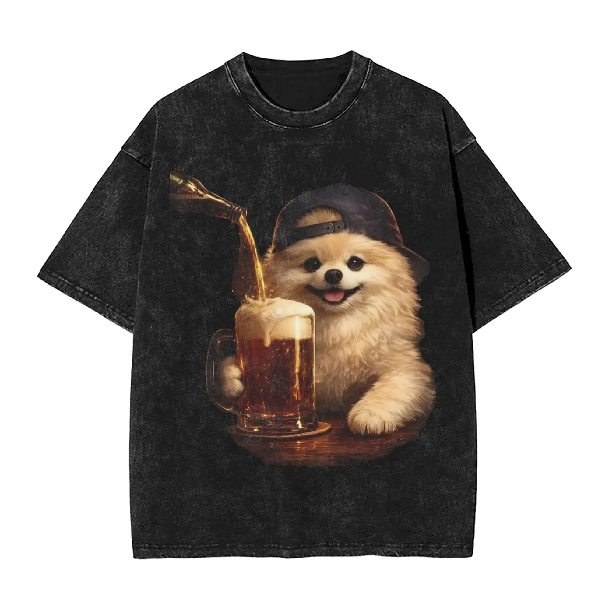 Washed T Shirt Pomeranian Drinking Beer MEME Hip Hop T-Shirts High Street  Streetwear Short Sleeve Graphic Tops Tees Men Women