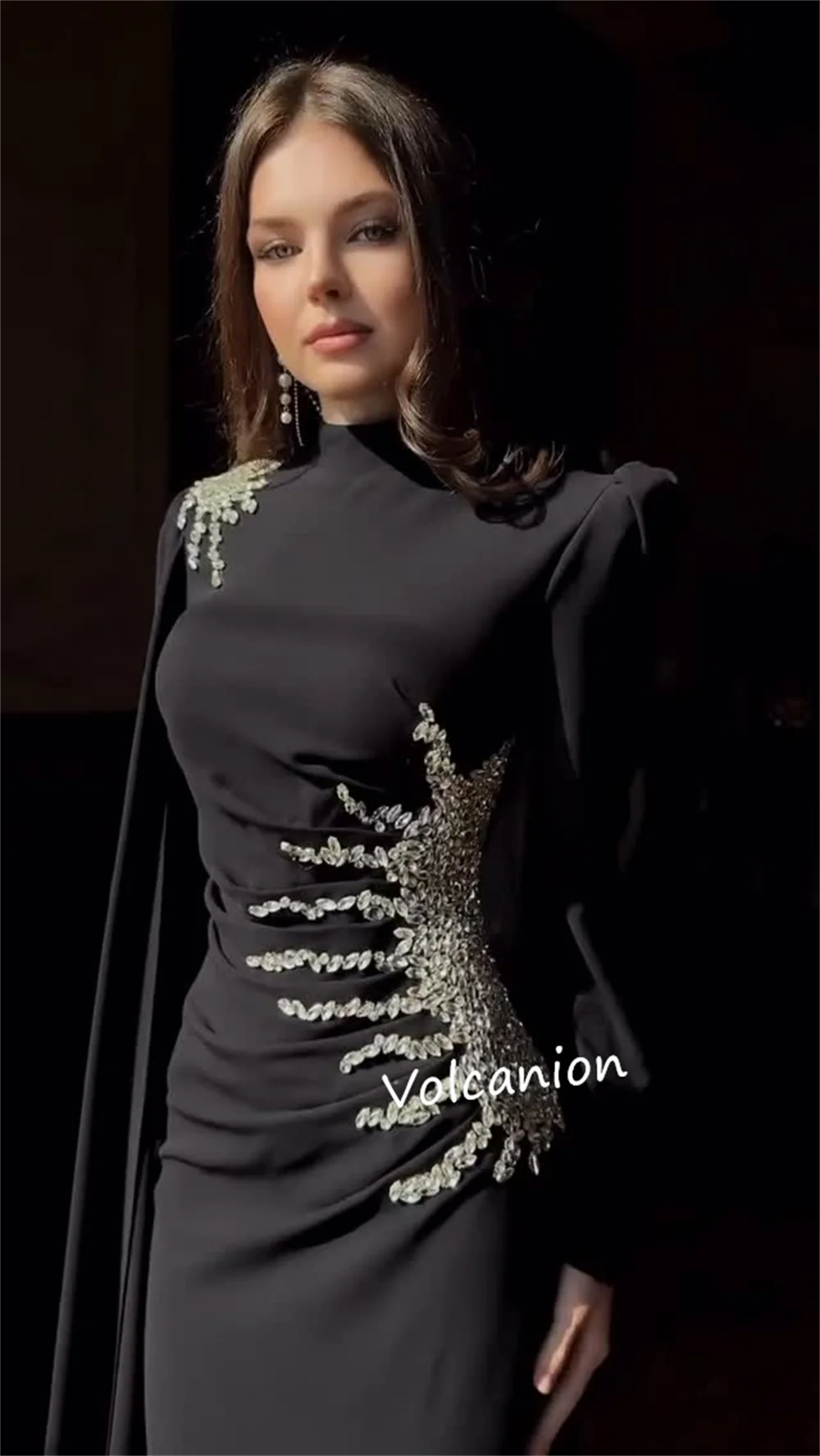 カスタマイズされたジャージ ラインストーン プリーツ ハイカラー A ライン ロング ドレス オーダーメイド オケージョン クラシック レトロ フォーマル