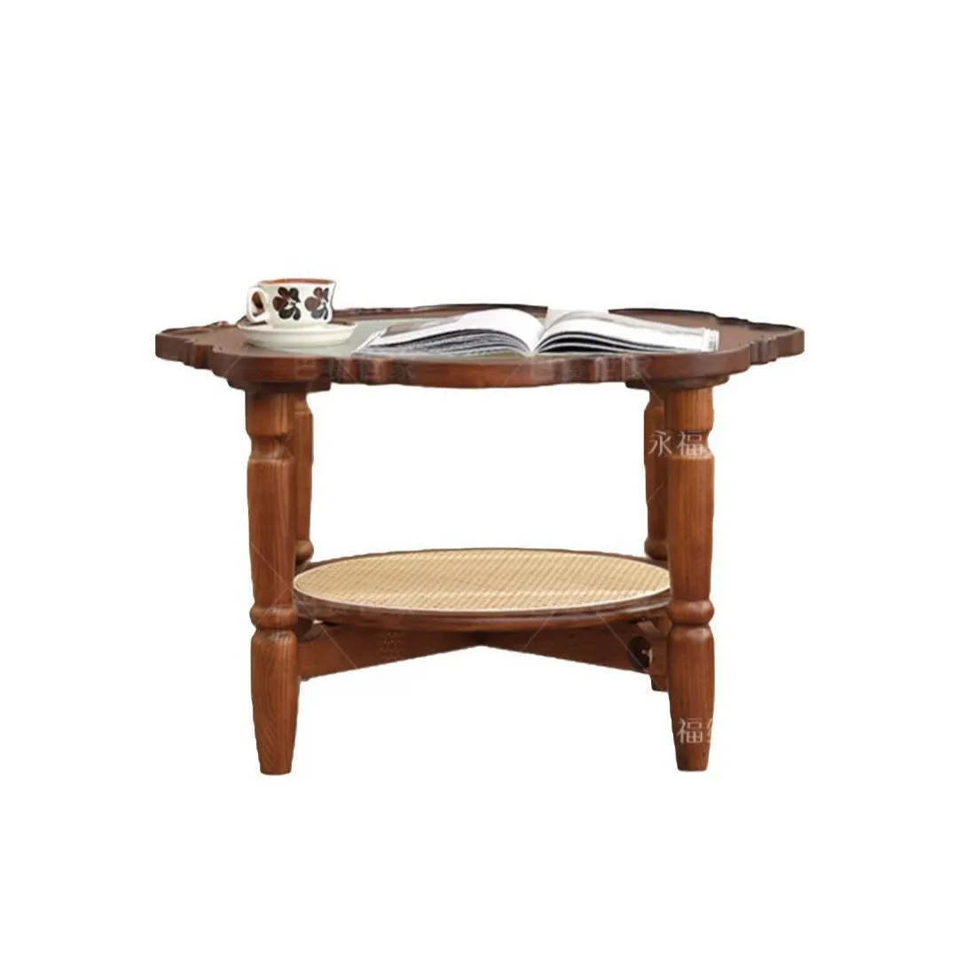 

Retro style solid wood rattan living room household coffee table French small apartment begonia glass double petal table