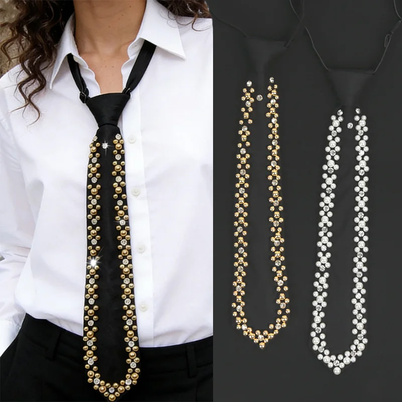 

Elegant Rhinestone Imitation Pearls Decorated Neck Tie Adjustable Pretied Necktie Neckwear for Formal Casual Business Meeting