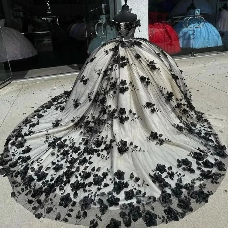 

Black Shinning Girls Princess Quinceanera Dresses Pretty 3D Flower Beading Tull Off Shoulder Mexico Corset Sweet 16 Vestido De