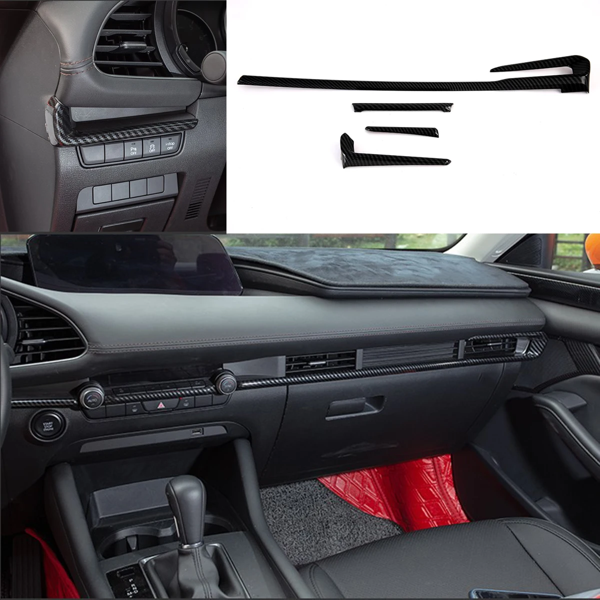 

For Mazda 3 (BP) Sedan Hatchback 2019-2022 High Quality ABS Carbon Fibre Interior Dashboard Trims Strips Molding Accessories