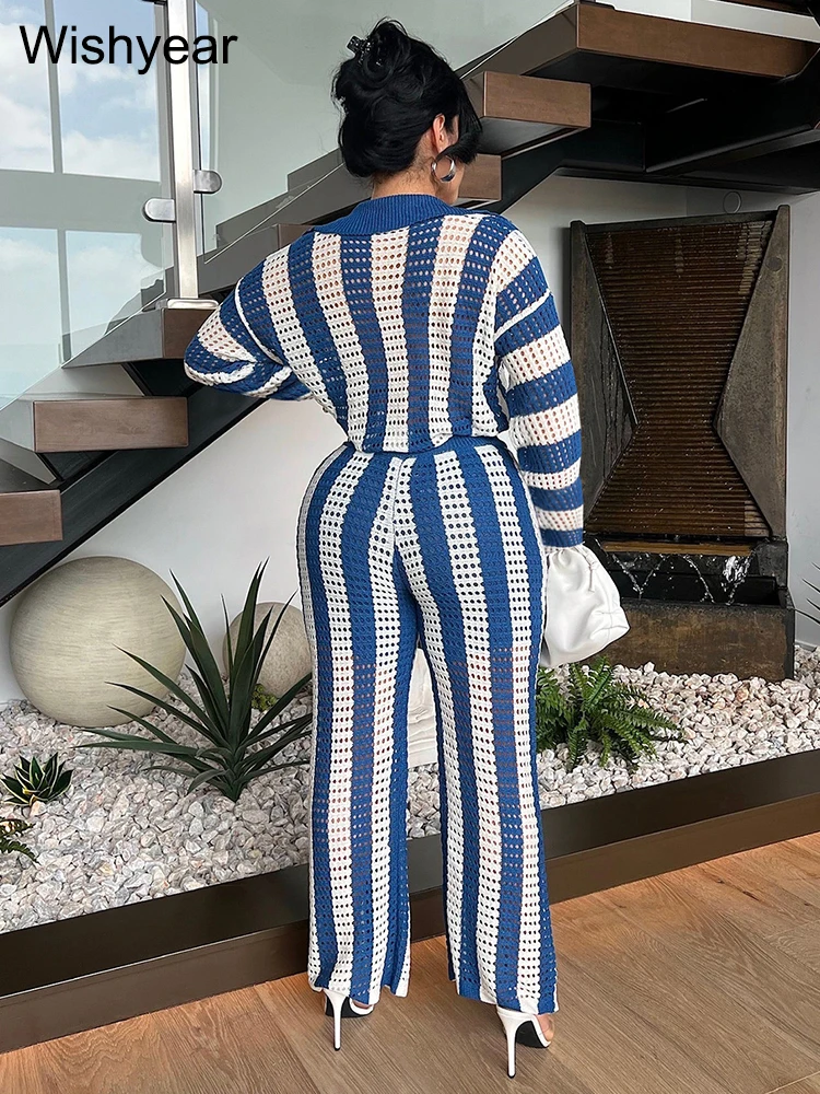 Fashion Blue Striped Knitted Crochet Two 2 Pieces Outfit Women Long Sleeve Tops and Wide Leg Pants Vacation Beach Birthday Suits