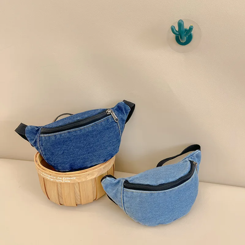 

Children's Denim Waist Bag Solid Fashion Zipped Kids Waist Pack Casual Outdoor Sport Bodycross Bag Kids Accessories
