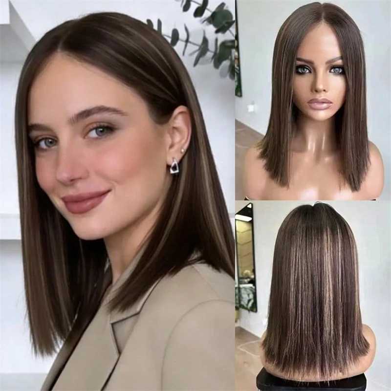 

Синтетические парики без клея с кружевной основой, черные с блондными мелиями, прямые, короткие, в стиле боб, с кружевной передней частью, для женщин, легко носить, мягкие