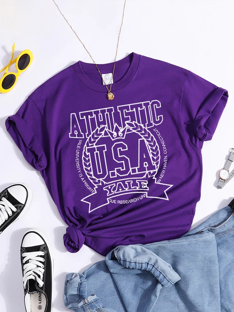 Athletic U.S.A Creative Badge Print T-Shirts Women Graphics Outdoor Tshirt Daily Harajuku Clothing Round Neck Sport Tee Shirts