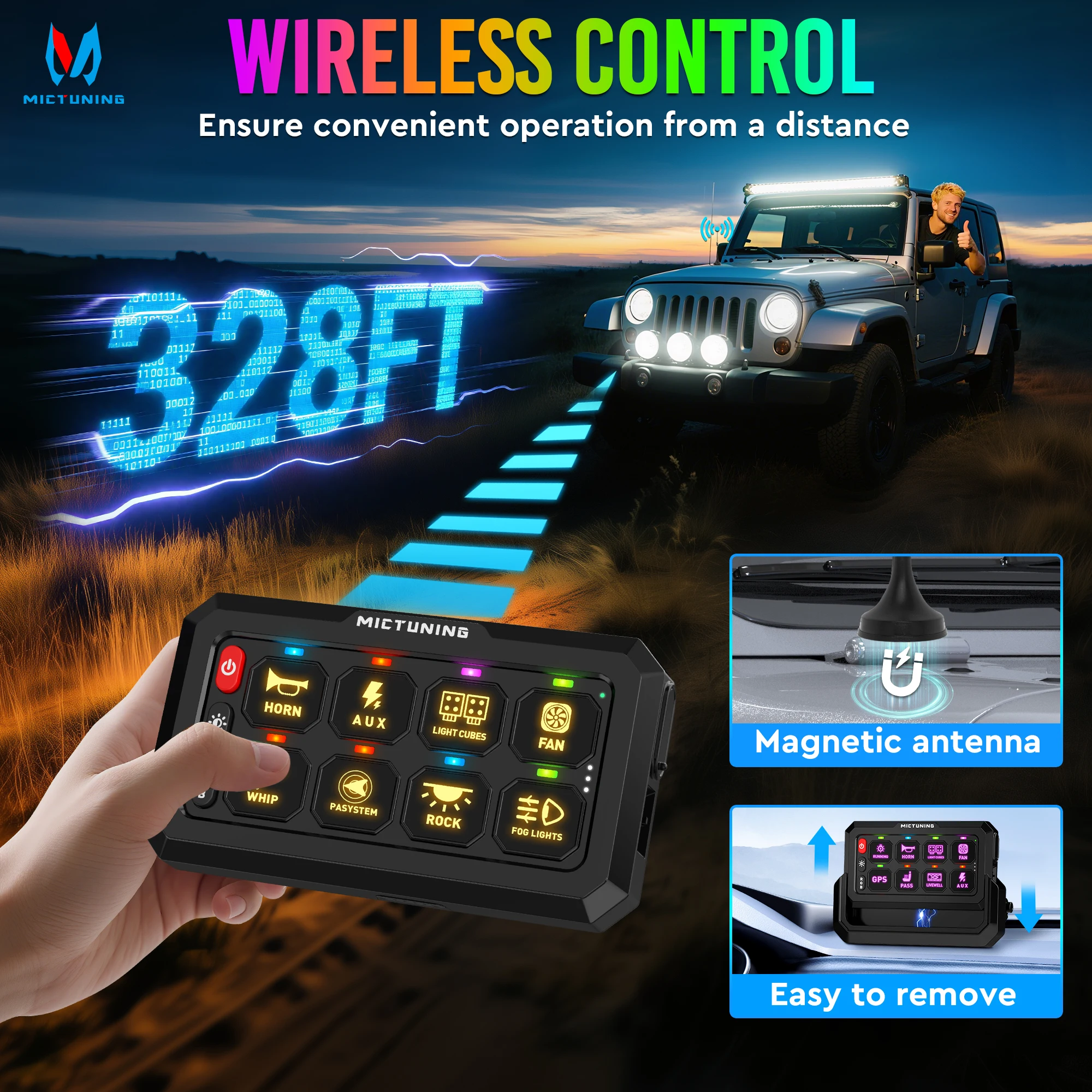 MICTUNING P1s-W Wireless 8 Gang Switch Panel,Remote Control Range Up to 328FT Multi-Panel Connectivity,Magnetic/Type-C Charging