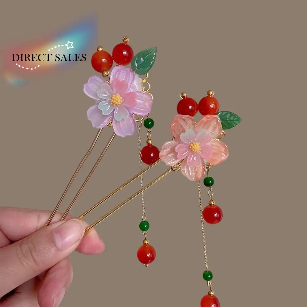 

Elegant Chinese Style Flower Hair Stick Handmade Alloy Hanfu Hair Bun Hair Clips with Tassel Retro Hair Clasp for Hanfu Party