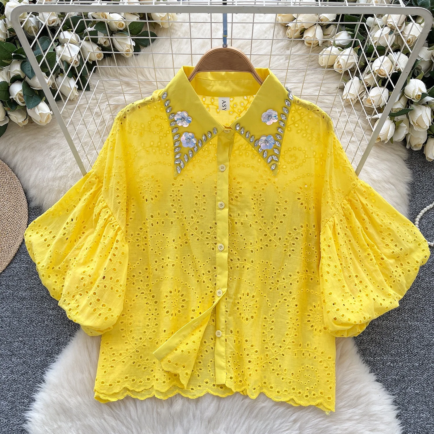 

Clothland Women Elegant Beading Diamonds Blouse Puff Sleeve Hollow Out Shirt Cute Retro Tops Blusa LB250