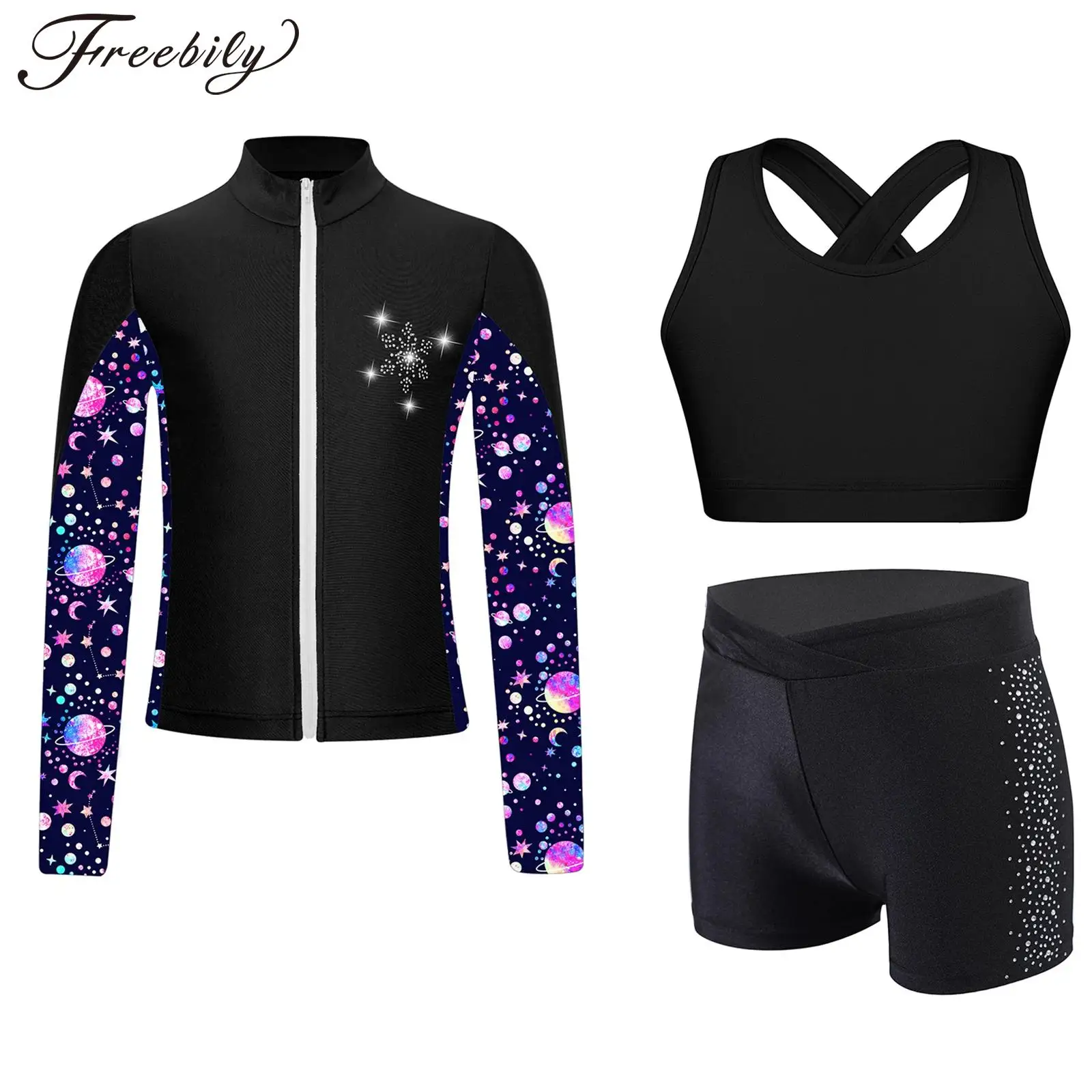 

Kids Girls Sparkly Rhinestones Figure Skating Jacket Cross Back Crop Tank Tops and Shiny Shorts Dance Sports 3 Pieces Outfits