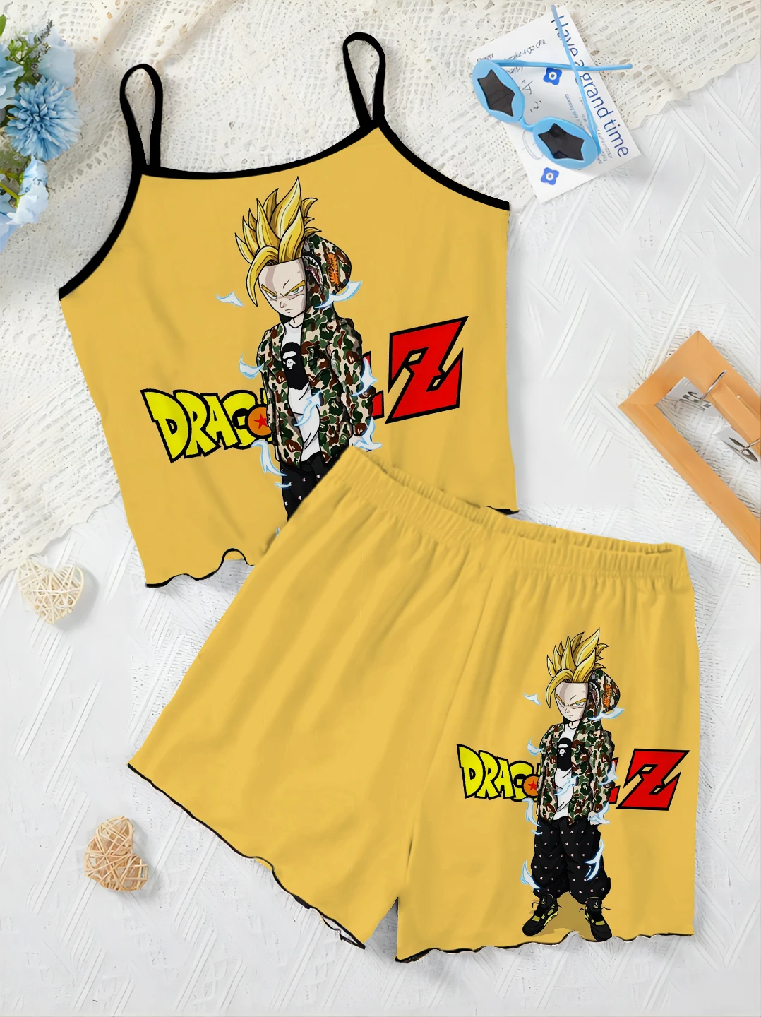 Elegant Women's Sets for Women 2 Pieces Pajama Skirt Slip Dress Son Goku Lettuce Trim Top Two Piece Set T-shirt Dragon Ball Suit