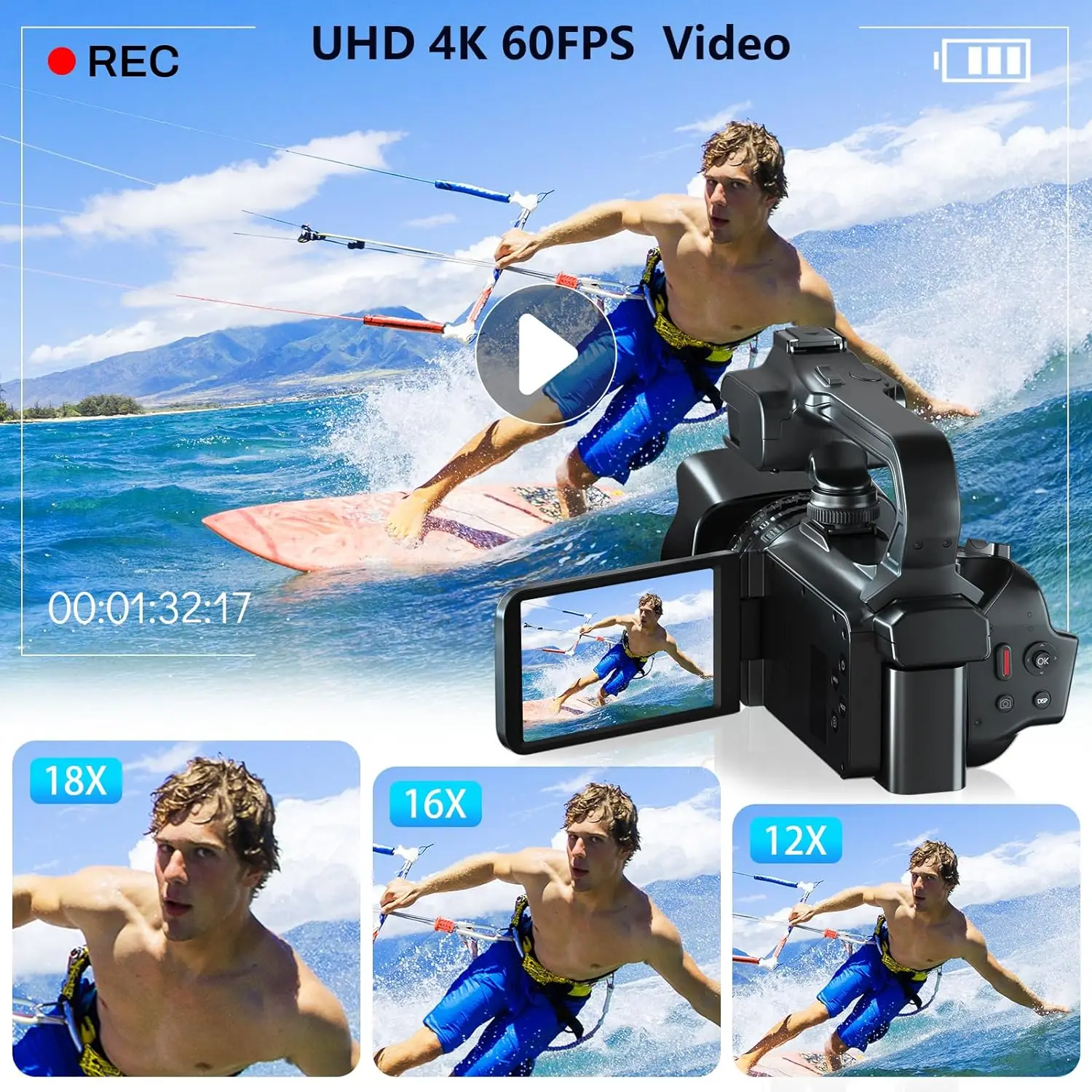 Komery 4K Video Camcorder Live Streaming Camera For Youtube 64MP WIFI 18X Zoom 4.0\