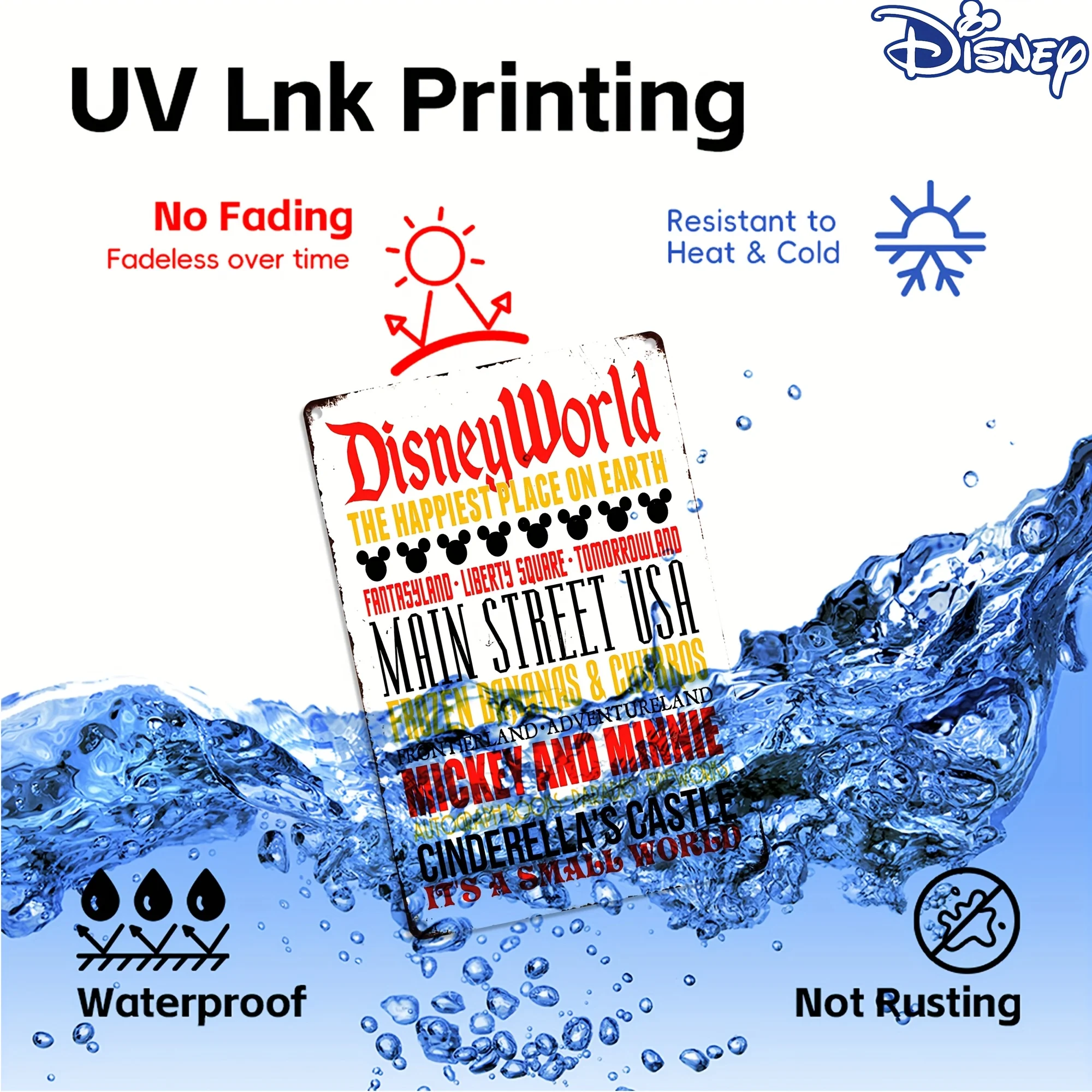 قطعة واحدة من لافتة القصدير المعدنية العتيقة من ديزني - لوحة فنية جدارية كلاسيكية على شكل قلعة ميكي وميني سندريلا، 20.32 × 30.48 سم ديكور خارجي متين لـ