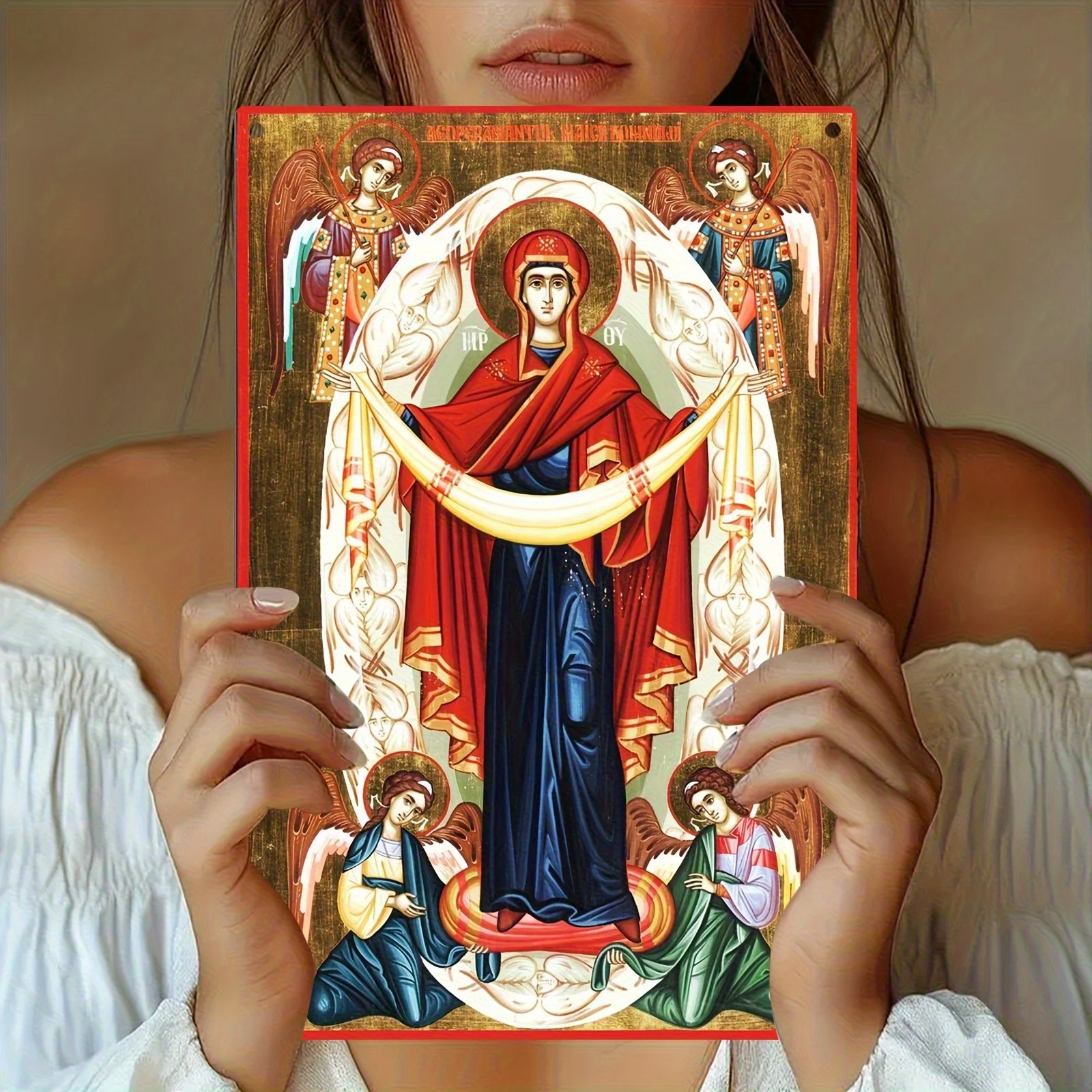 2D Vintage Metal Sign Orthodox Virgin Mary Angel Religious Wall Decor Gold Crescent Indoor Outdoor Hanging Ornament for Home Chu