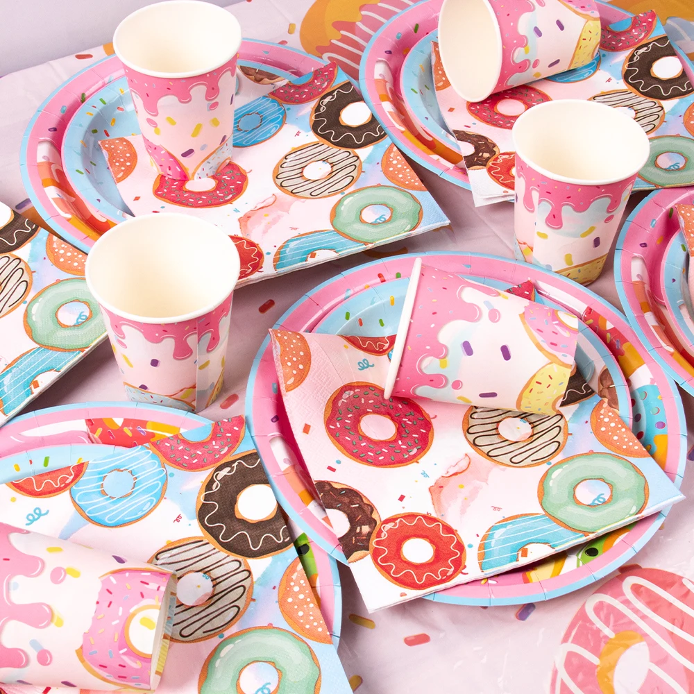 Donut Themed Birthday Tableware Set Pink Donuts paper Napkin plate cup Tablecloth Donut Grow Up Birthday Party Baby Shower Decor