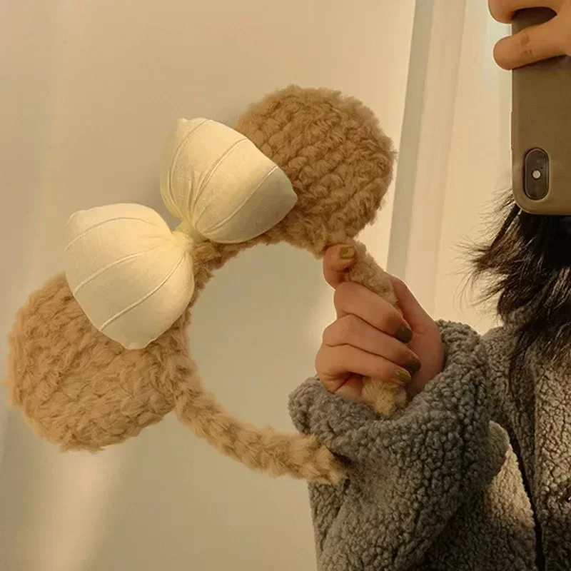 1 Bow Bear Ear Autumn and Winter Plush Cute Cartoon Face Wash Headband Hair Clip