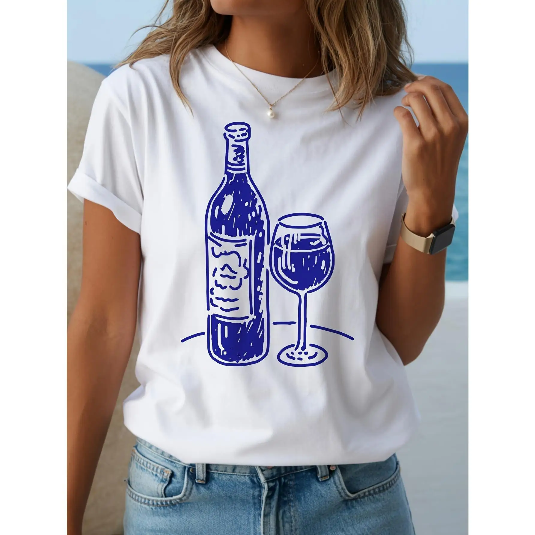 

Women's Casual Short Sleeve Round Neck T-Shirt - White With Blue Tie-Dye Wine Bottle & Glass Graphic Print, Breathable Everyday