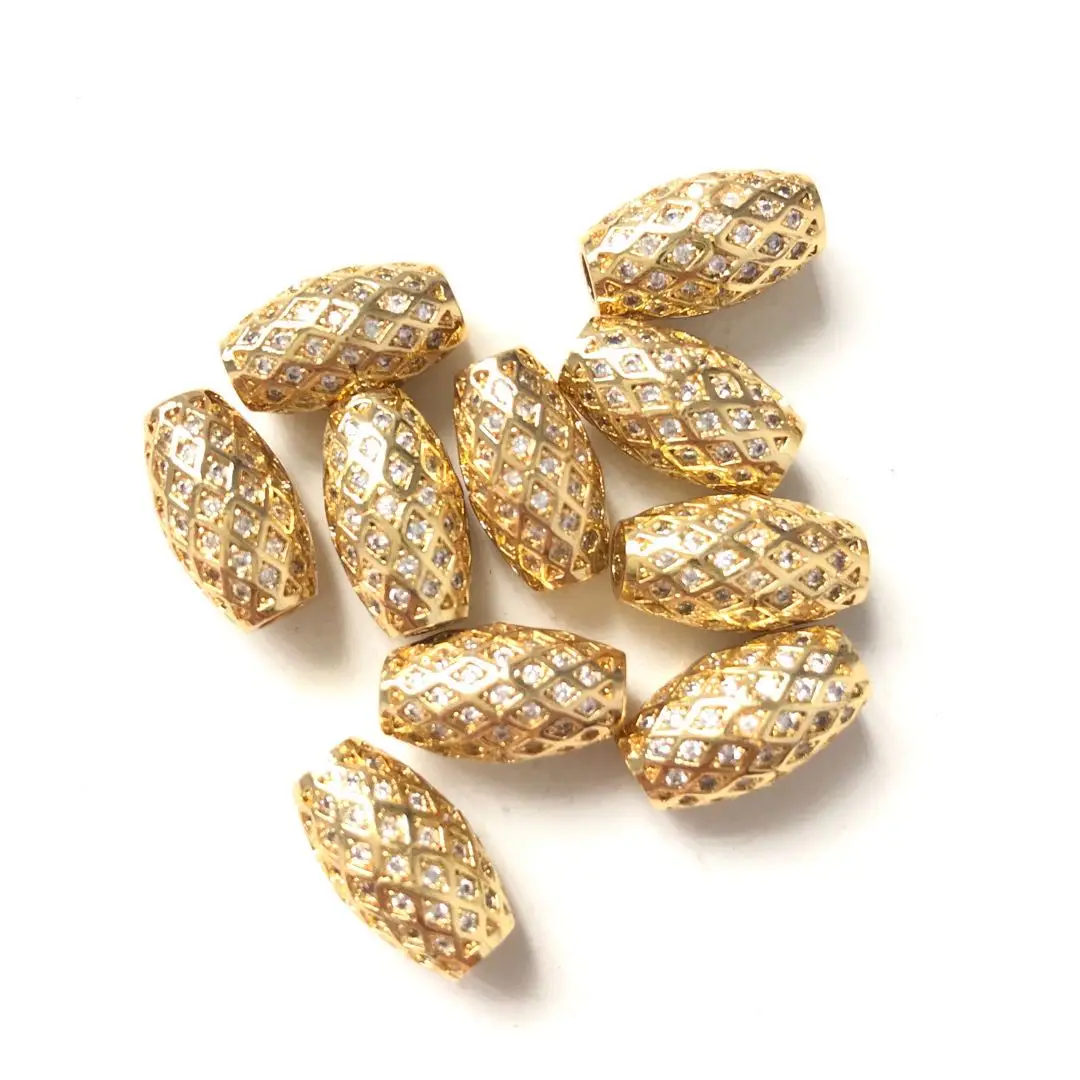10pcs Clear Zirconia Pave Olive Beads Bling Gold-plate Spacer Women Bracelet Necklace Earring Waist Jewelry Making Accessories