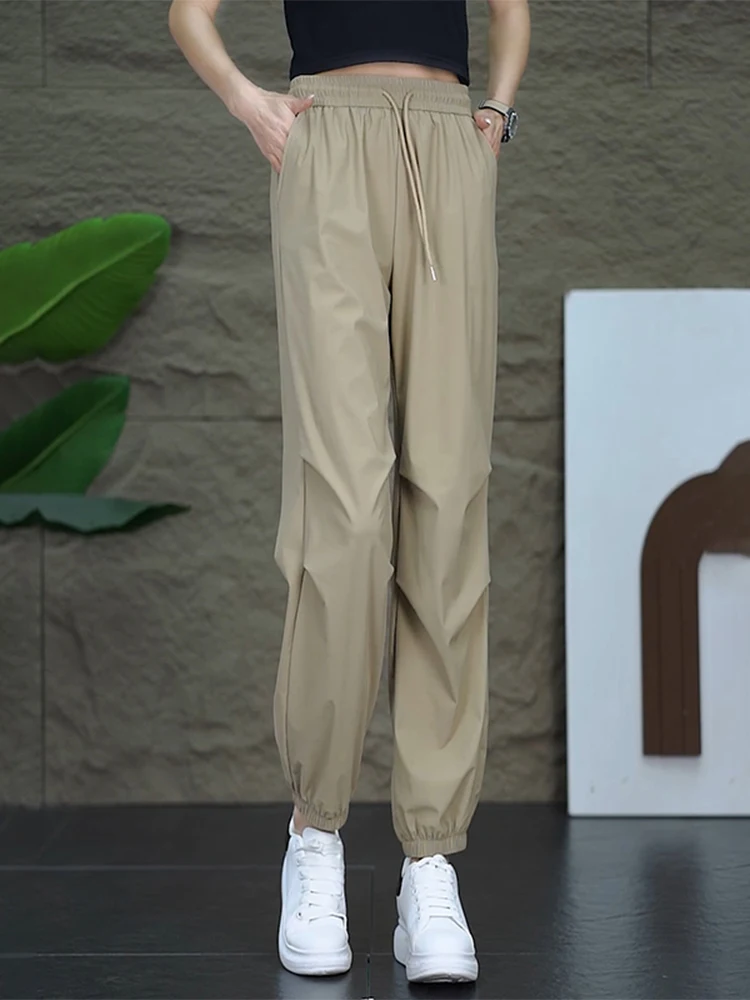 

Ice Silk Quick Dry Pants Women's Summer Thin High Waist Slim Fit Cuffed Casual Harlan Sports Pants Street Style Loose Fit