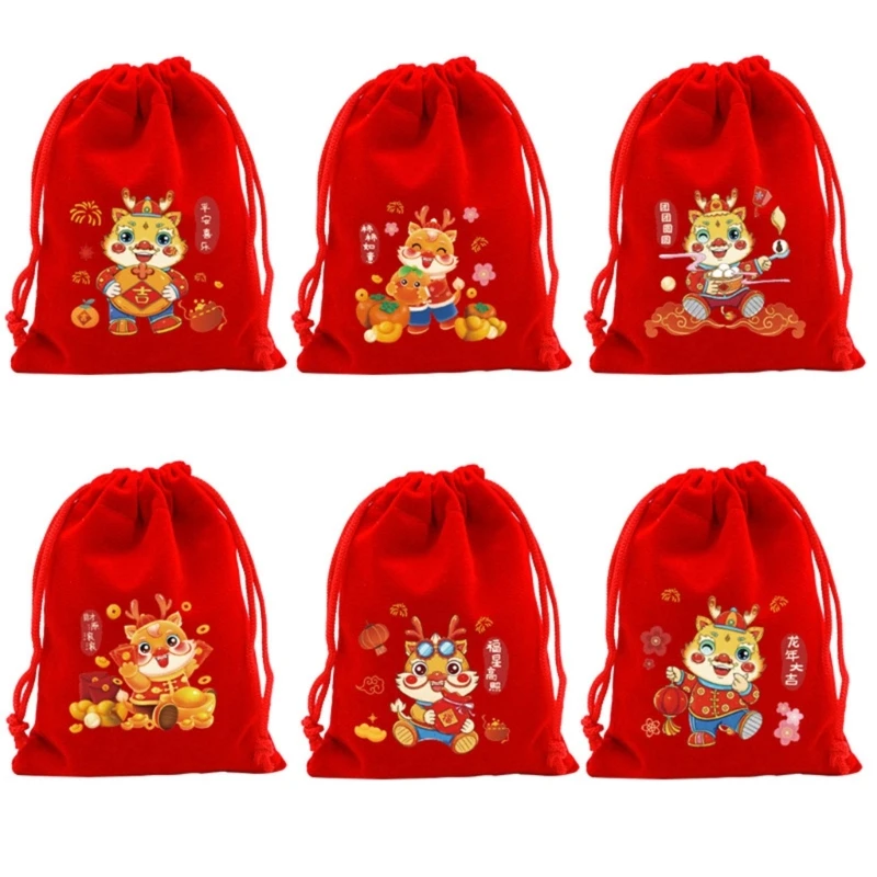 6pcs New Year Gift Bags Durable Drawstring Closure Portable Organisers