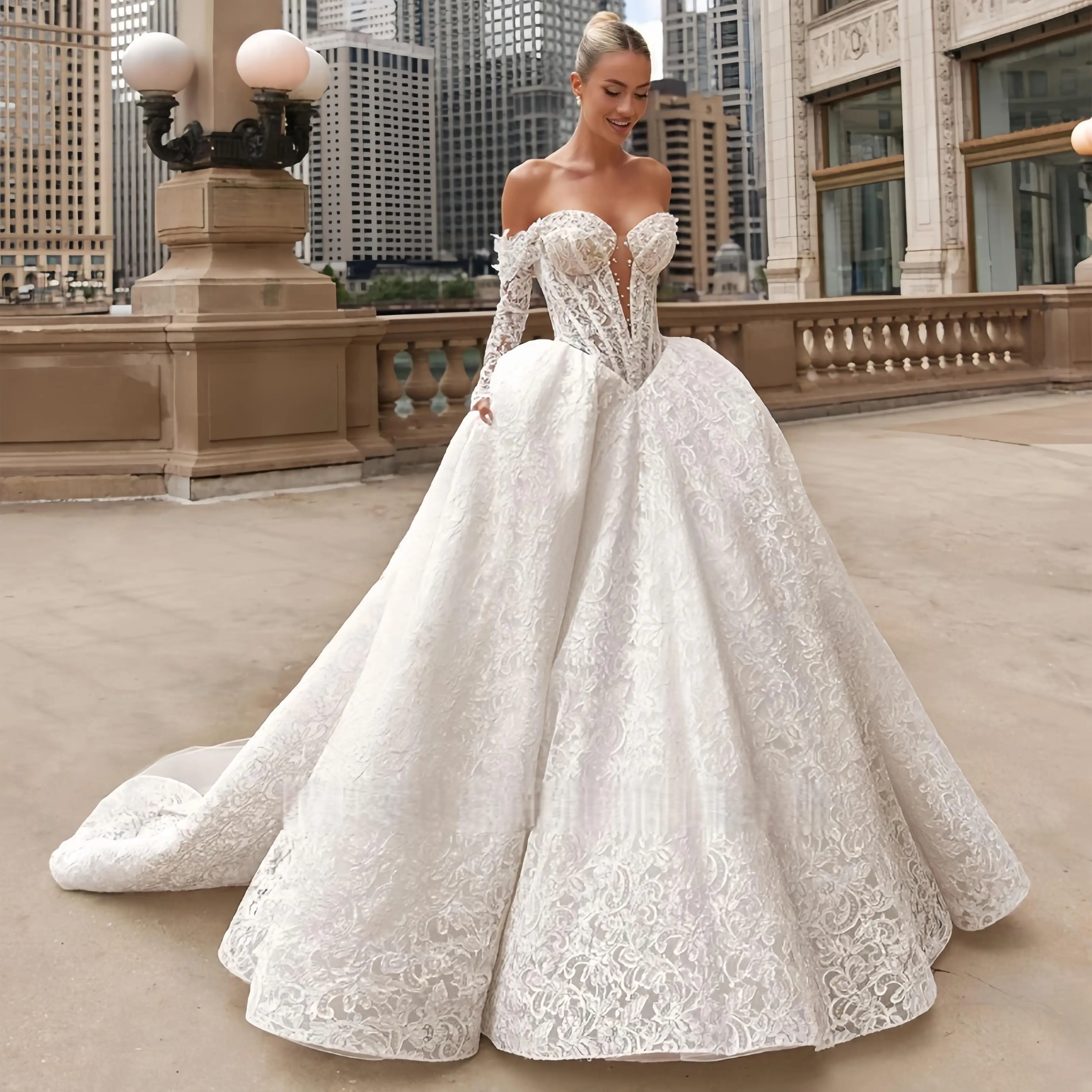 Vestidos De Novia Glänzendes Langarm-Ballkleid-Hochzeitskleid mit Perlen verziert, Tüll, luxuriöses Hochzeitskleid, Knopfleiste hinten, wunderschön