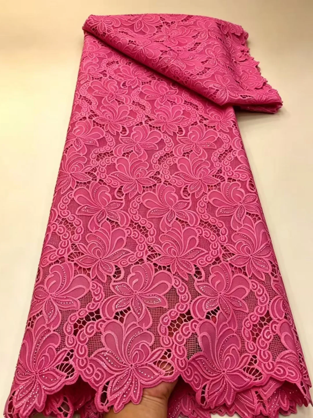 African Cord Lace Fabrics 5 Yards 2026 High Quality Nigerian Guipure Sequins Beaded Lace Fabric For Women Wedding Dresses