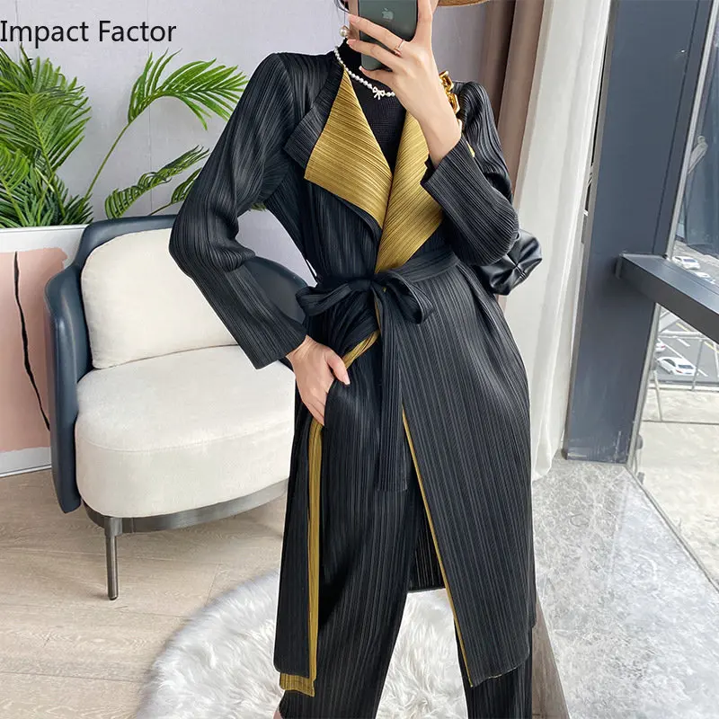 Miyake Pleated Jacket Women Design Sense Long Sleeve Mid-length Cardigan Fashion Versatile Trench Coat Women Spring/autumn 2024