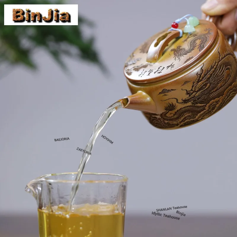240ml Authentic Yixing Purple Clay Teapots Handmade Dragon Large Caliber Pot Raw Ore Gold Section Mud Kettle Zisha Tea Set Gifts