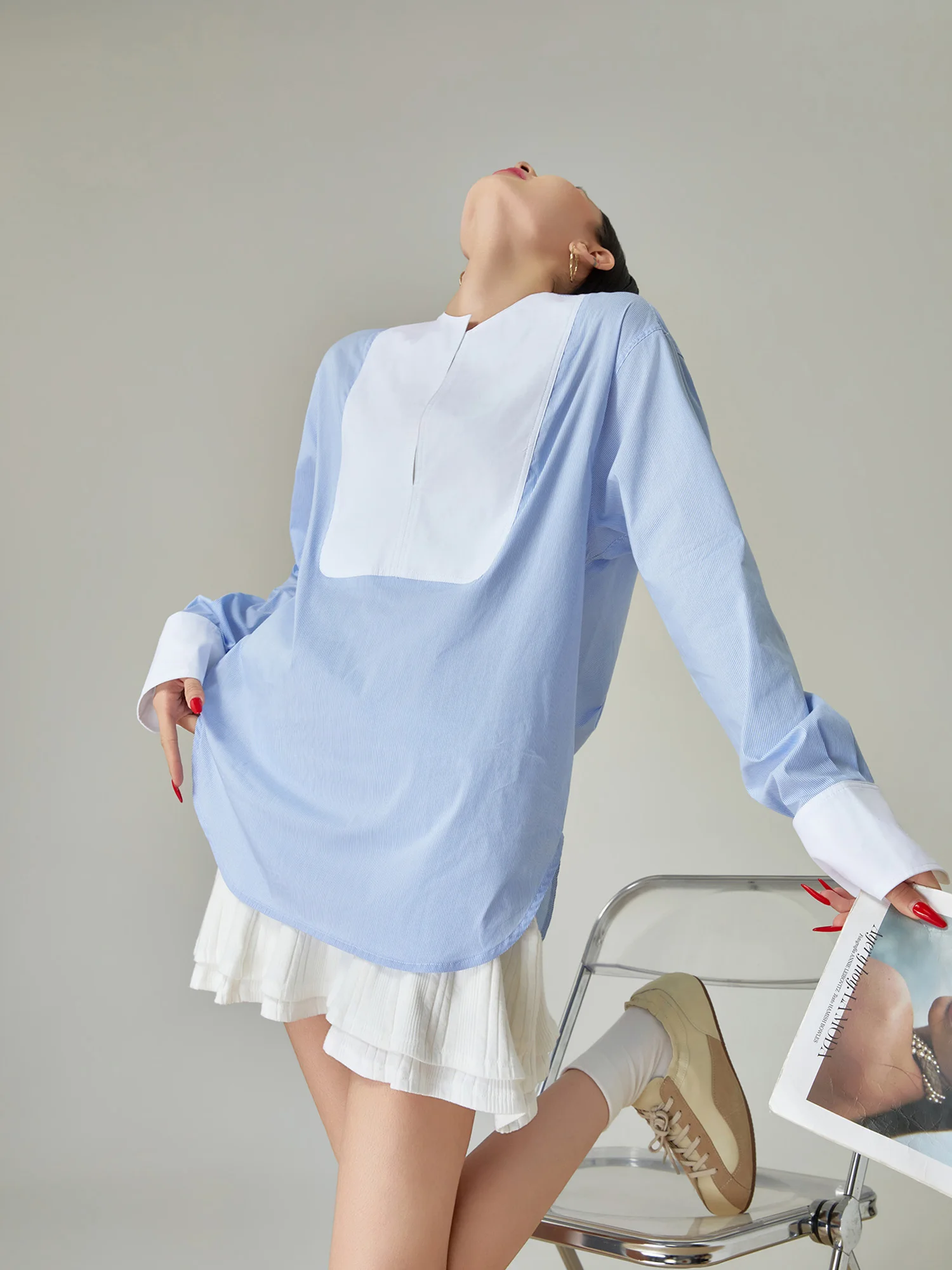 

Slimming Effect Blue White Striped Oversize Long Sve irt Women's Loose Fit Faionable Casual Polyester Fiber round Ne