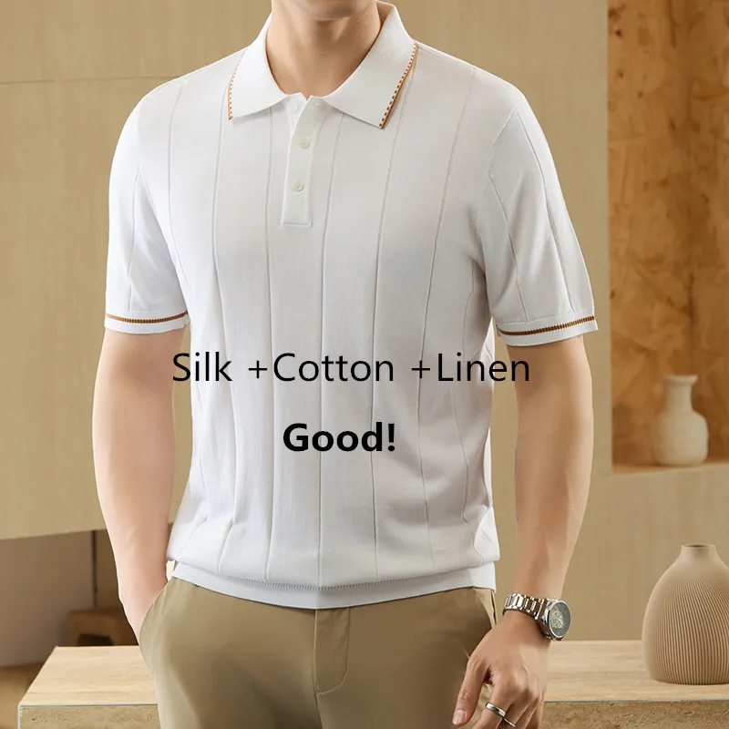

Good Mulberry Silk +Coton Men Knit Polo 2026 Summer Breathable Trendy Knitwear Short Sleeve Tops Pullover Linen Knit T-shirts
