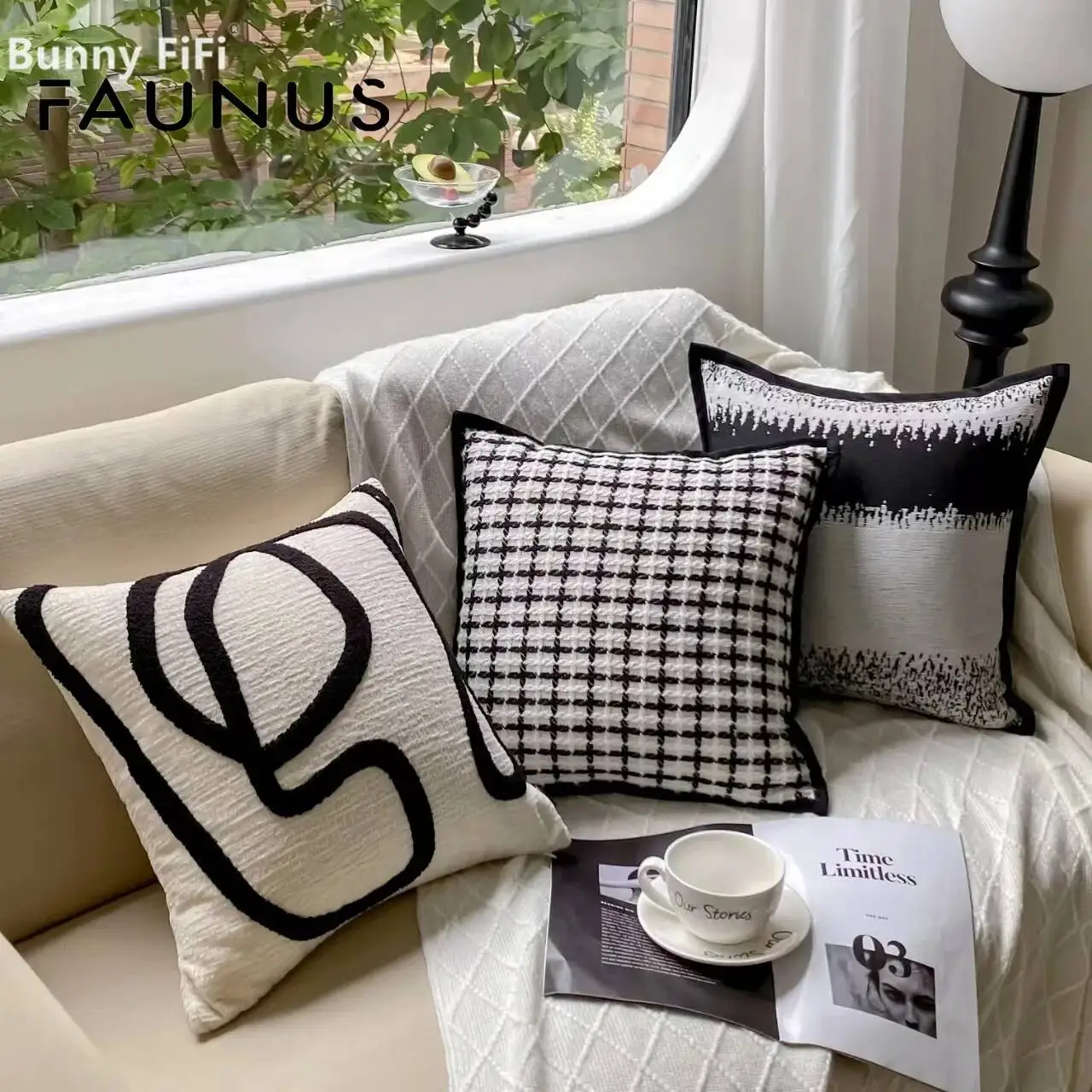 Luxury Black White Abstract Striped Cushion Covers Embroidered Chenille Soft Plush Decorative Throw Pillow Case For Sofa Bed