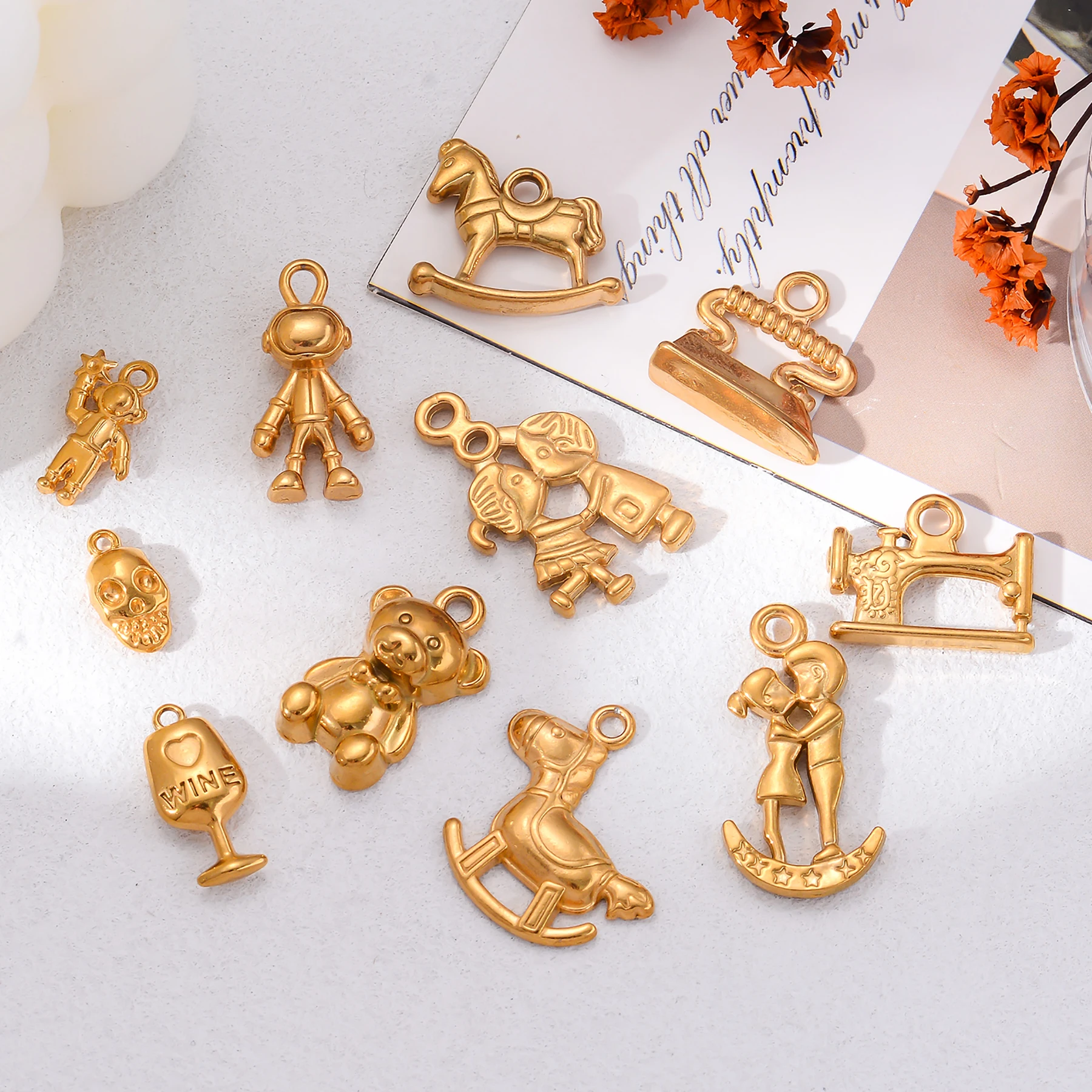 

2Pcs Stainless Steel Bear Rocking Horse Couple Children Cup Charms Pendant DIY Jewelry Making Necklace Bracelet Accessories