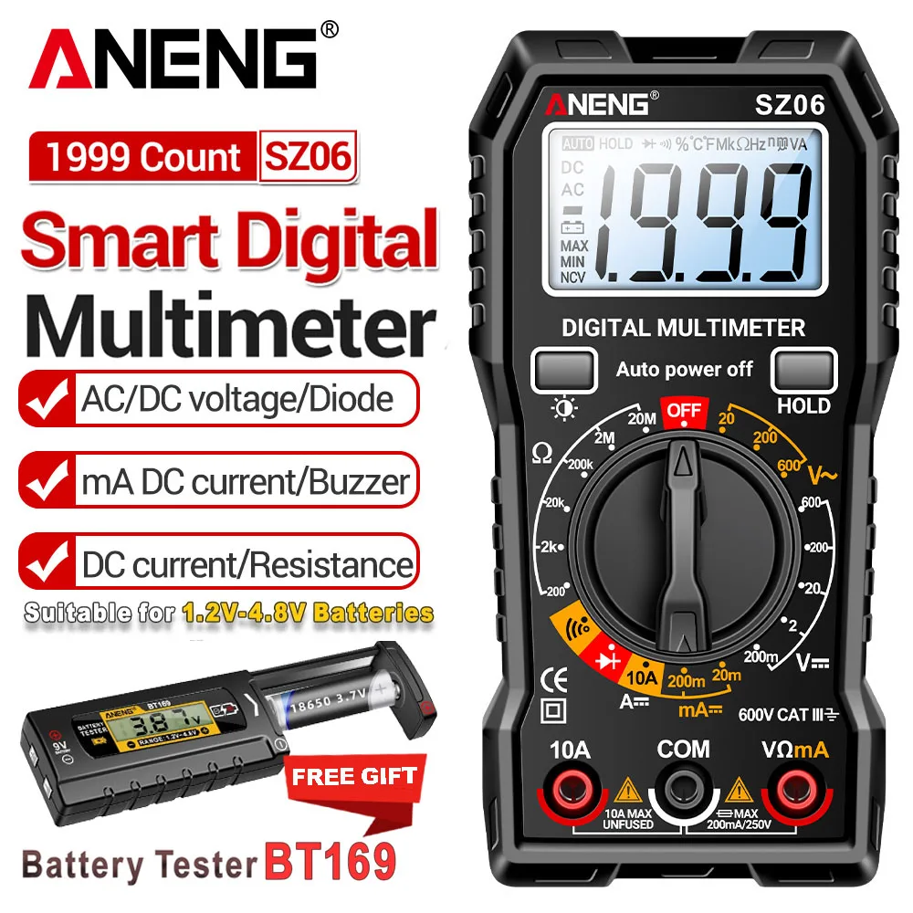 Multímetro Digital ANENG SZ06 de 2000 Lecturas, Probador de Voltaje Anti-Quemaduras con Comprobador de Baterías BT169 Gratuito, Kit de Multímetro