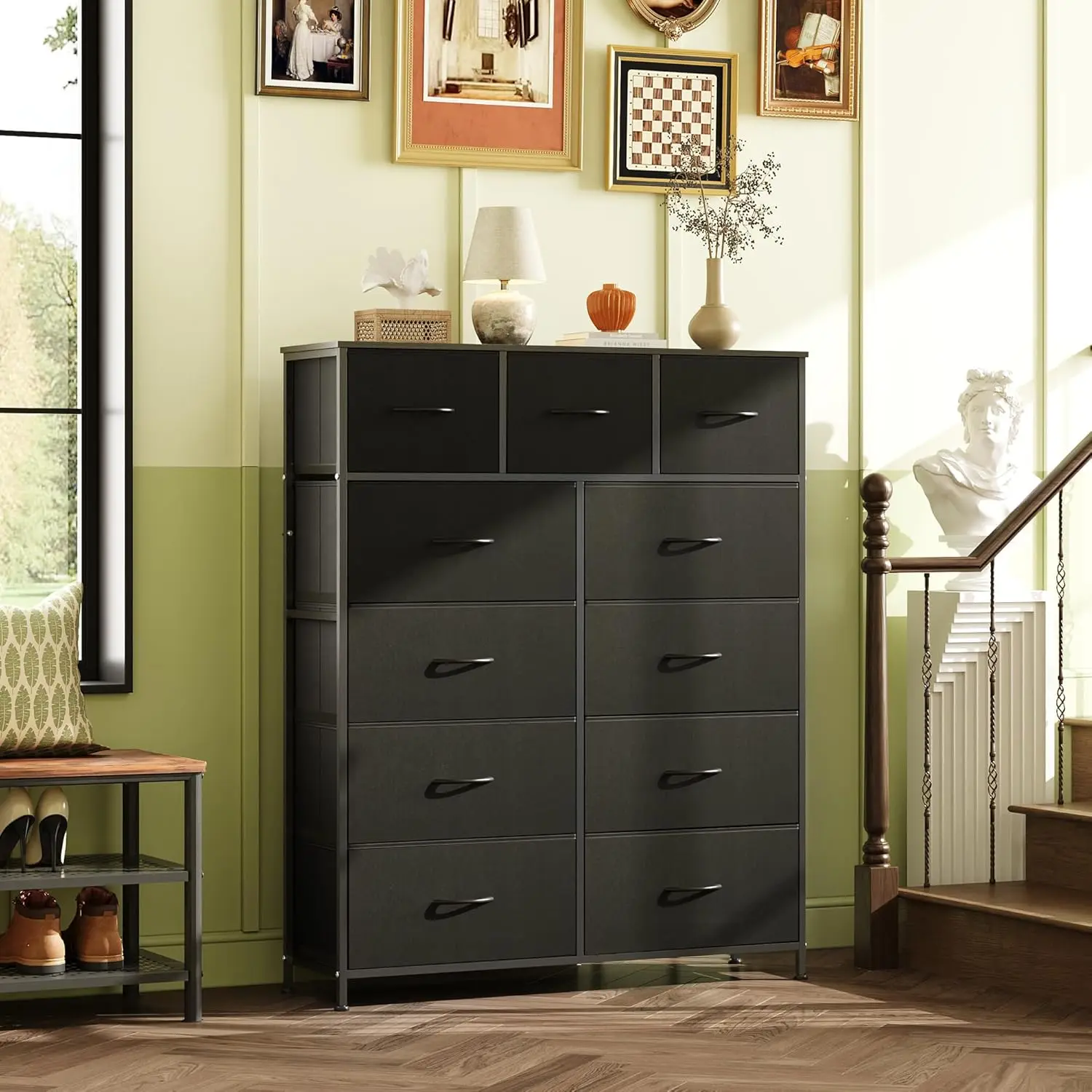 11個の布製収納ボックス付き収納オーガナイザーユニット、スチールフレーム付き収納引き出しオーガナイザー、背の高い収納タワーオーガナイザー