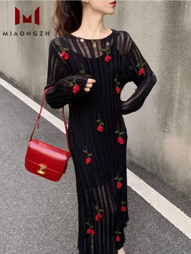 New Summer 2024 Black Flower Knitted Dress For Women O Neck Long Sleeve Hook Flower Hollow Female Elegant Holiday Party Dresses