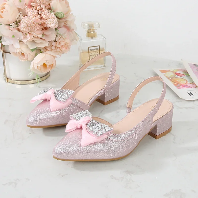 2024 Summer New Children\'s Crystal Shoes Fashion Bow Sequins High Heels Soft Sole Anti Slip Girl Princess Shoes