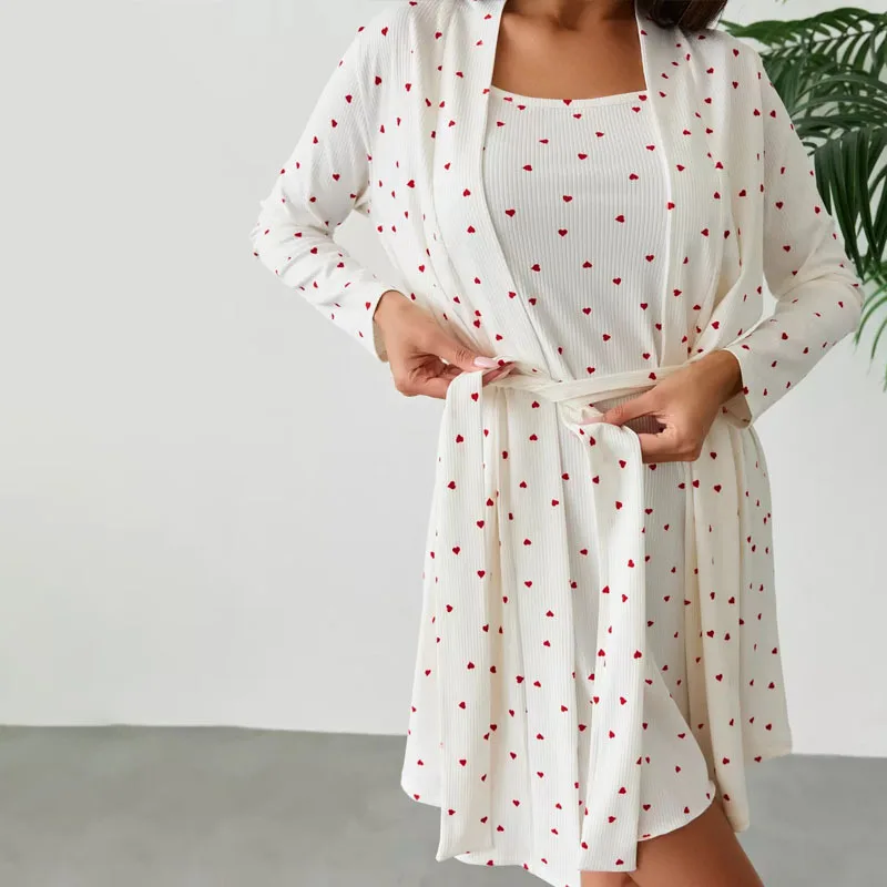 Two Piece Pajama Set Print Dot Gown Sets Mini Dresses Cardigan Full Sleeve Lace Up Lounge Casual Robe Suit Summer 2025