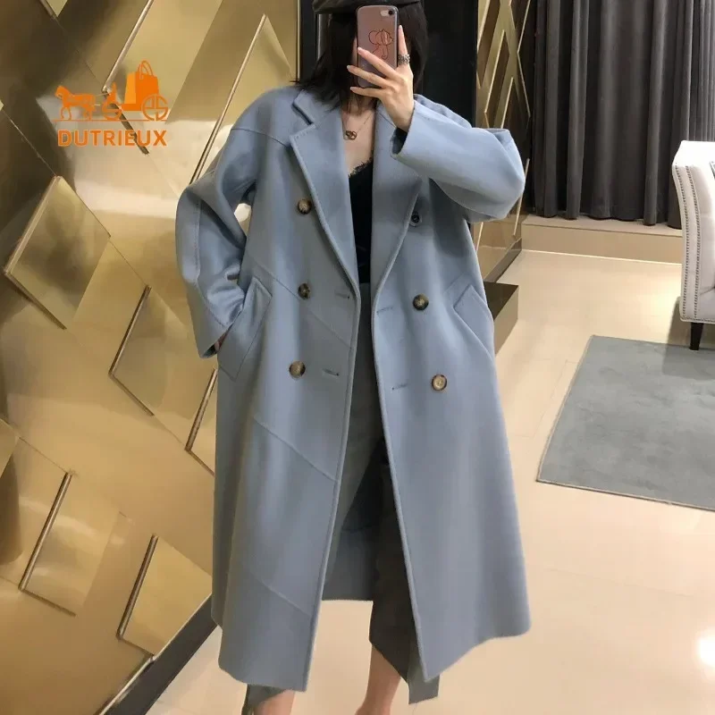 24 New Top Quality Women Cashmere Coat, Fashion Designer Luxury Double-Sided Water Ripple 100% Cashmere Wool Women\'s Coat Jacket