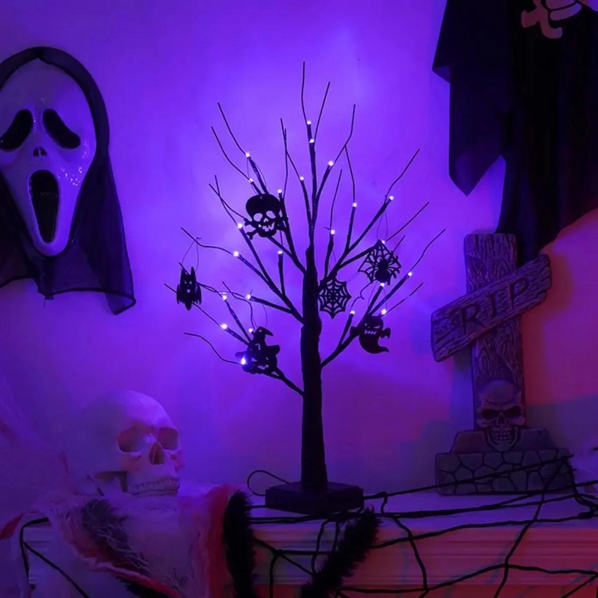 1 Stück 24 LED orange und lila beleuchtete Halloween künstliche Birke Licht DIY schwarze Zweige Lichter Tischplatte Halloween gruselig – Detail 7