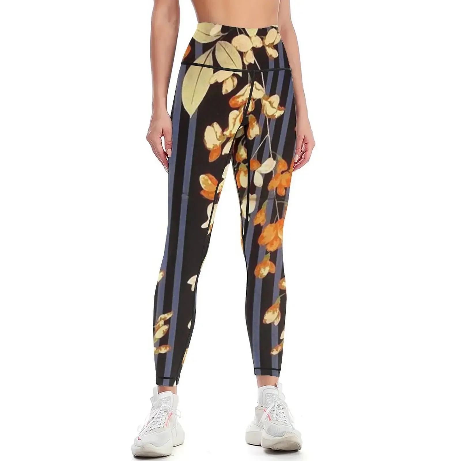 

WHITE ORANGE FLOWERS AND BLUE BLACK STRIPES Antique Japanese Floral Leggings Legging sport gym pants Womens Leggings