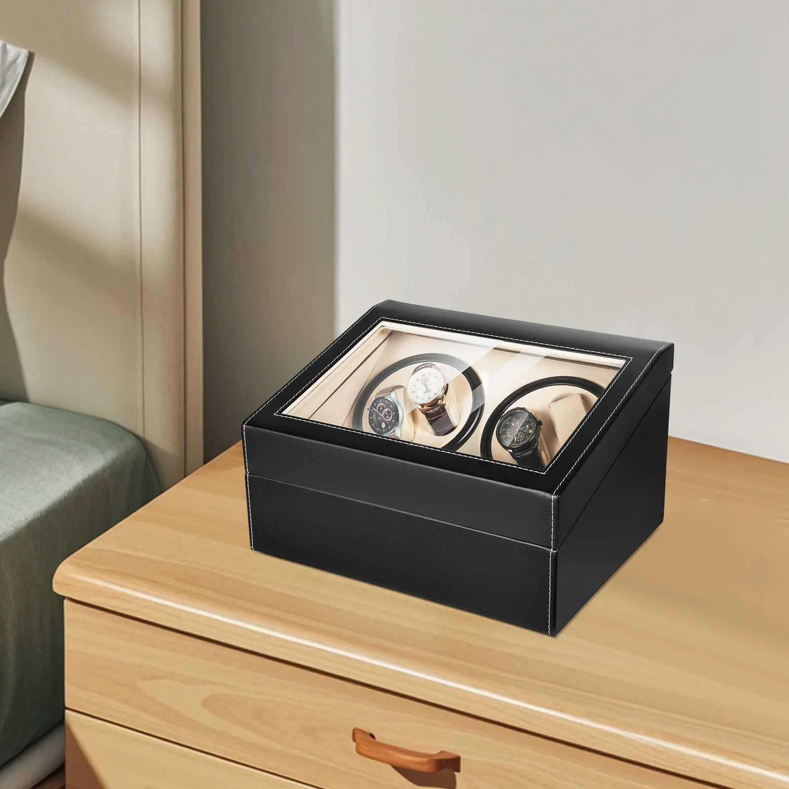 صندوق ملفاف ساعة أوتوماتيكي بمحرك هادئ مع 6 وسائد صلبة، صندوق عرض متعدد الوظائف لخزانة المنزل ومحبي الساعات