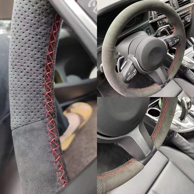 DIY 손 바느질 브레이드 자동차 스티어링 휠 커버, 볼보 XC60 S60L XC90 C40 S80 S90 자동차 스웨이드 인테리어 액세서리, 카본 블랙