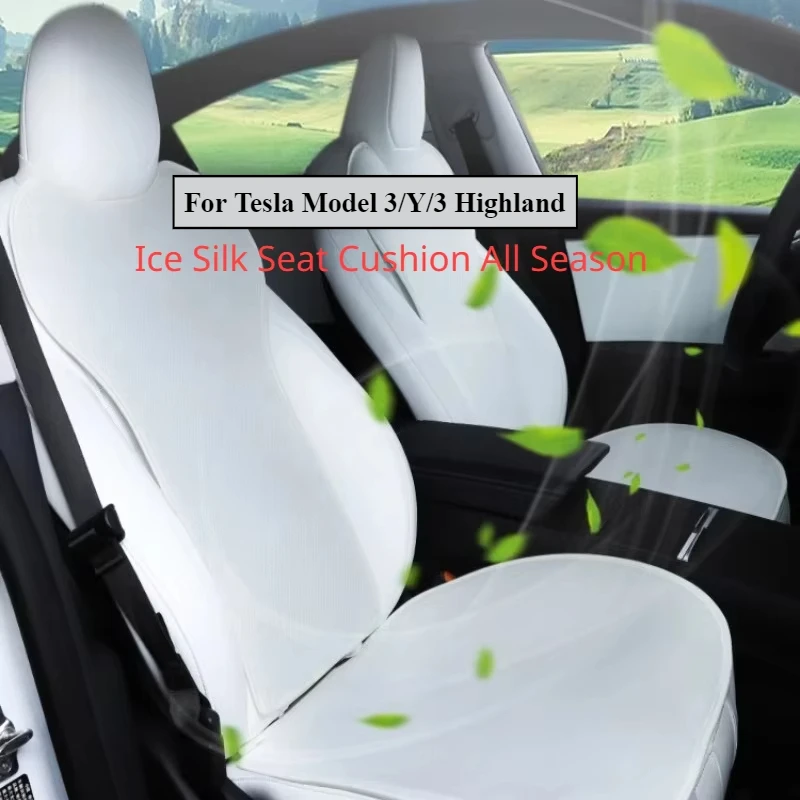 Ice Silk Linen Car Seat Cushion For Tesla Model 3/Y/3 Highland 2024 Car Front Rear Back Covers Breathable Sweatproof All Seasons